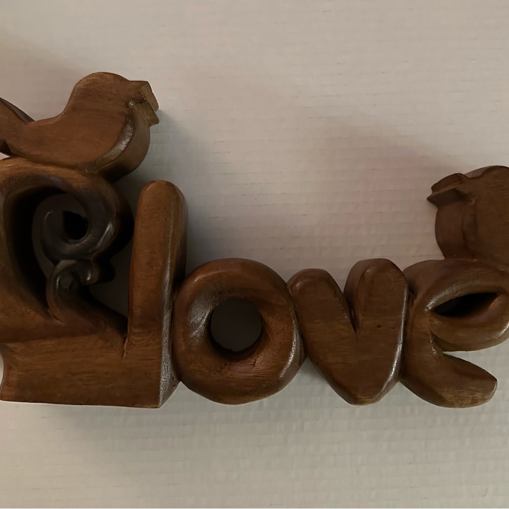 Hand Carved Wooden LOVE Sign w Birds Rustic Folk Art Decor
